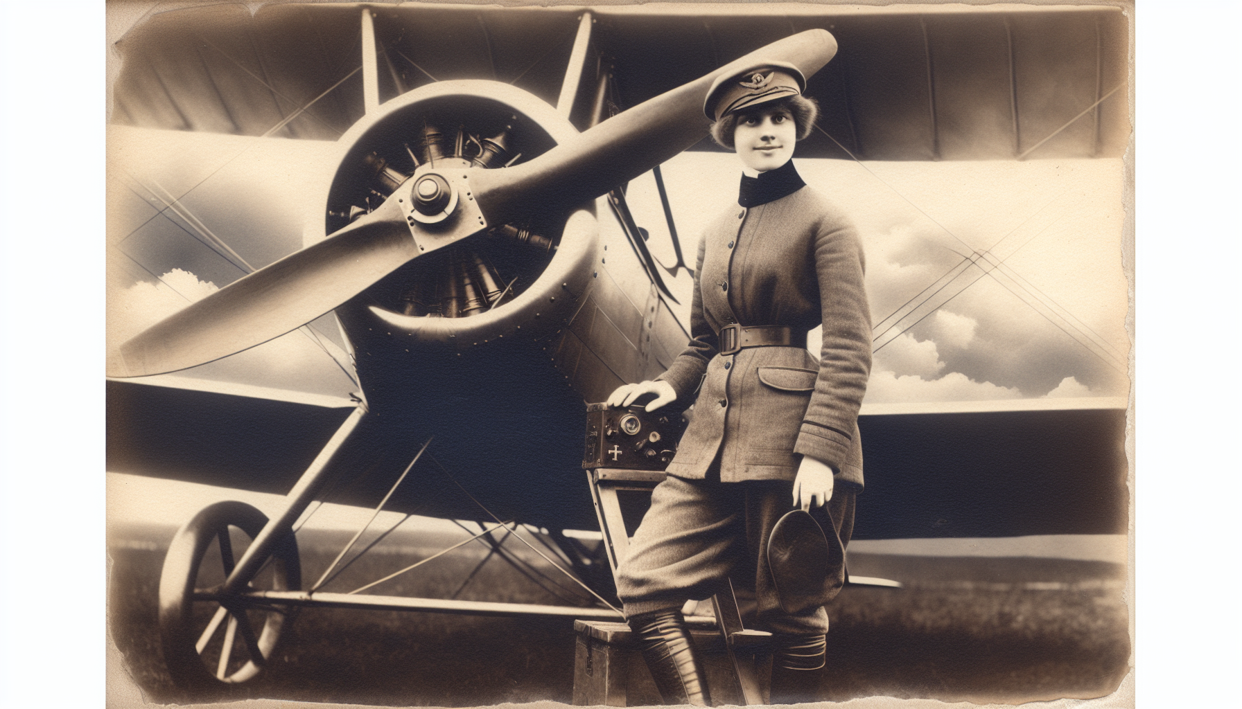 a historical image of Belkıs Şevket Hanım with an airplane
