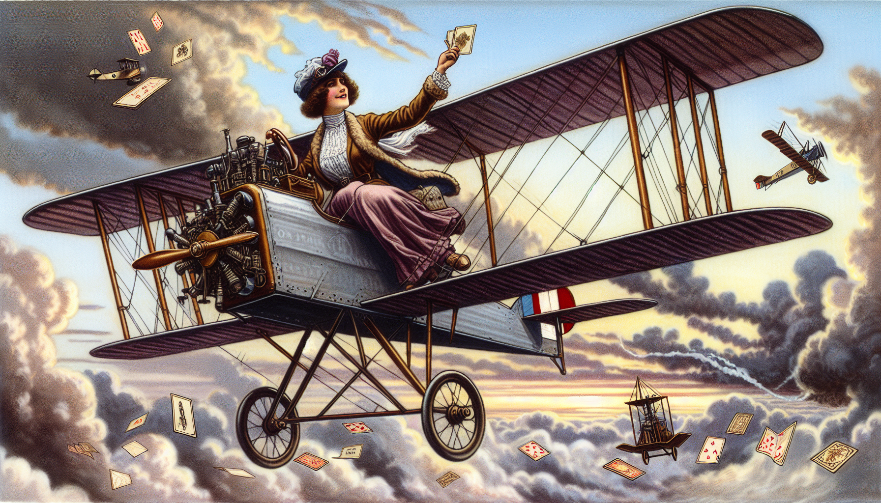 illustration of a woman in 1913 flying an early aircraft dropping cards