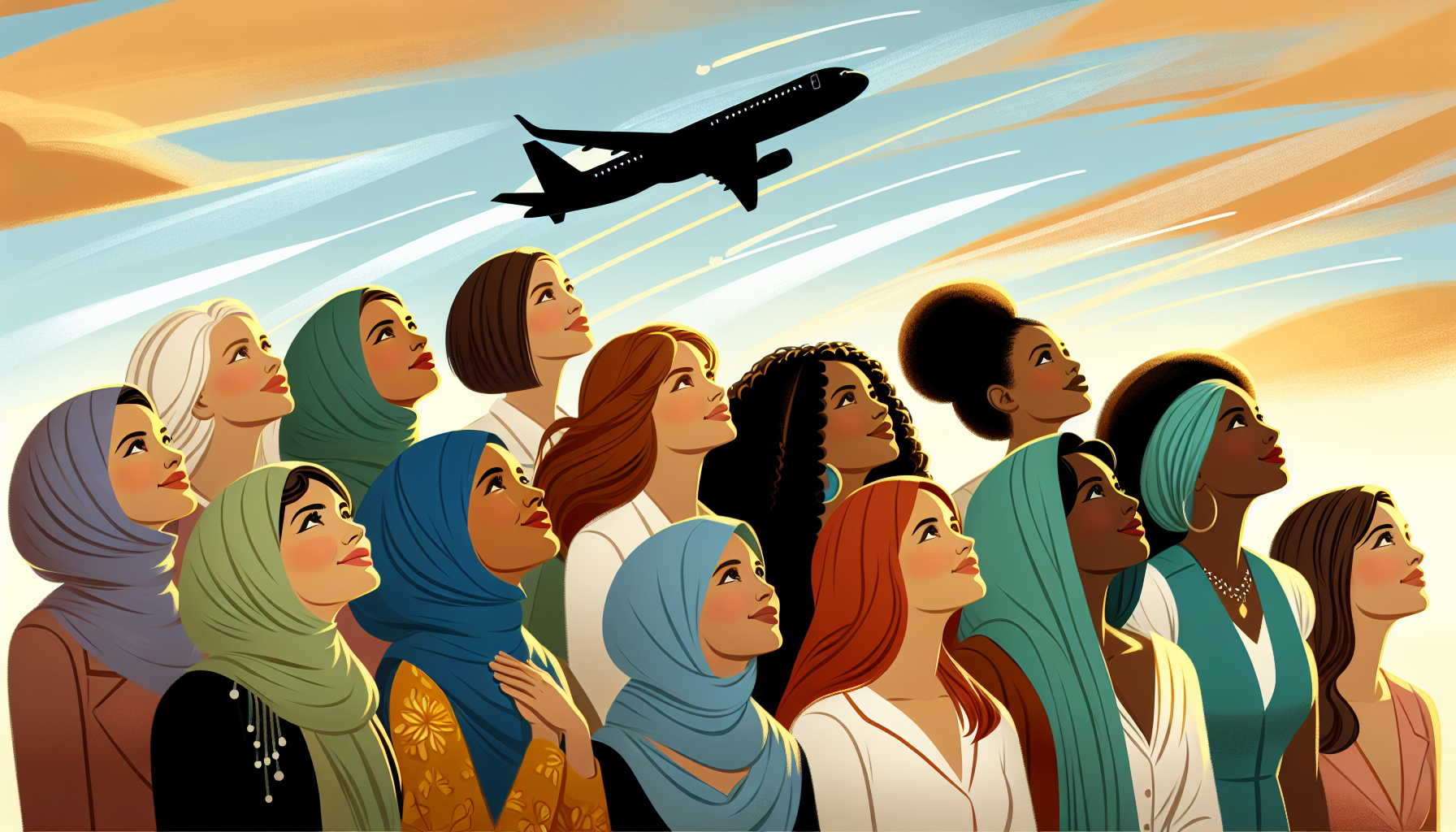 inspirational illustration of women looking up to the sky as a plane flies